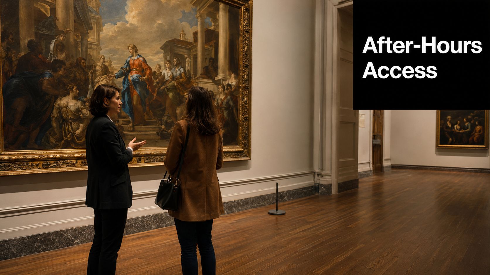 Two women standing in a museum gallery admiring a large classical oil painting on display.