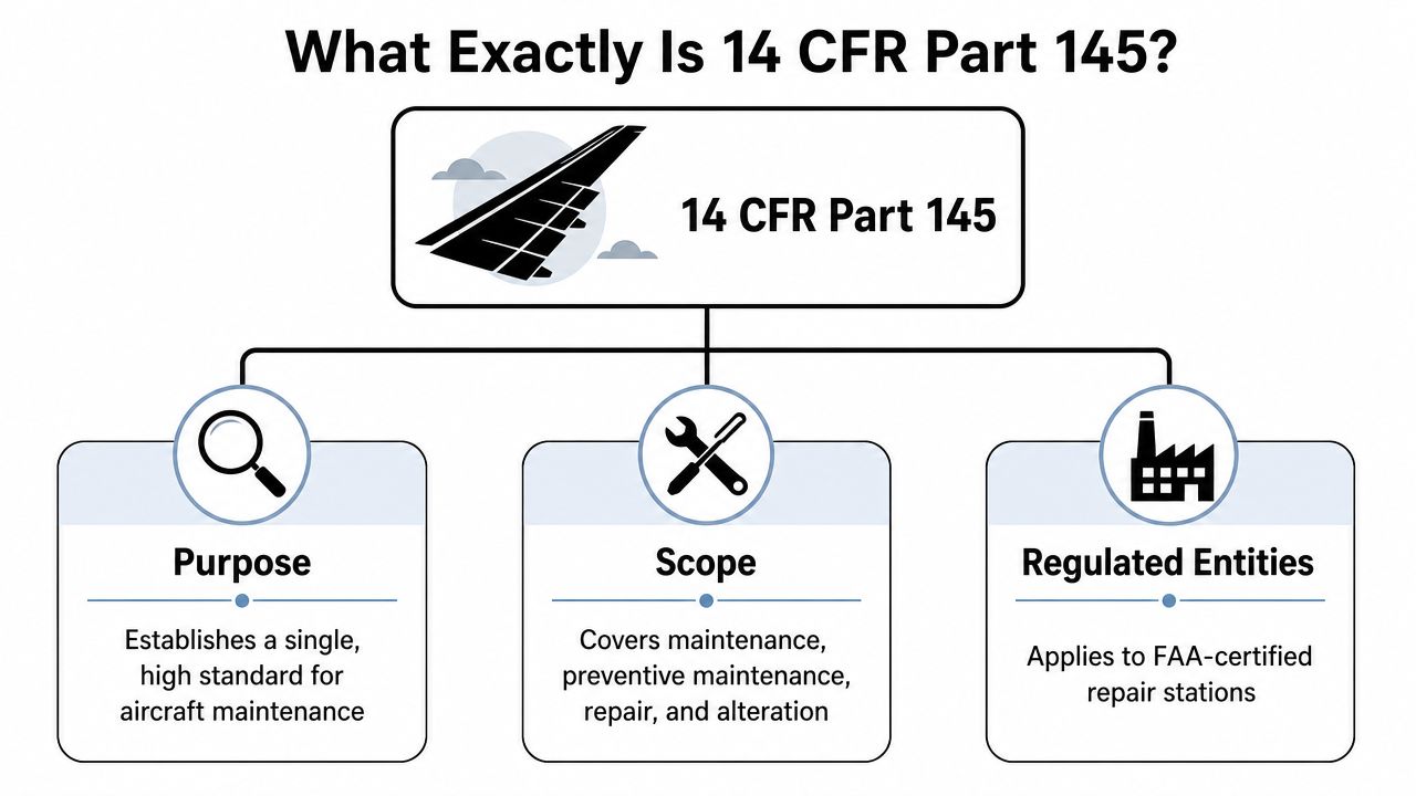 A diagram explaining 14 CFR Part 145, outlining its purpose, scope, and regulated entities for aviation maintenance.