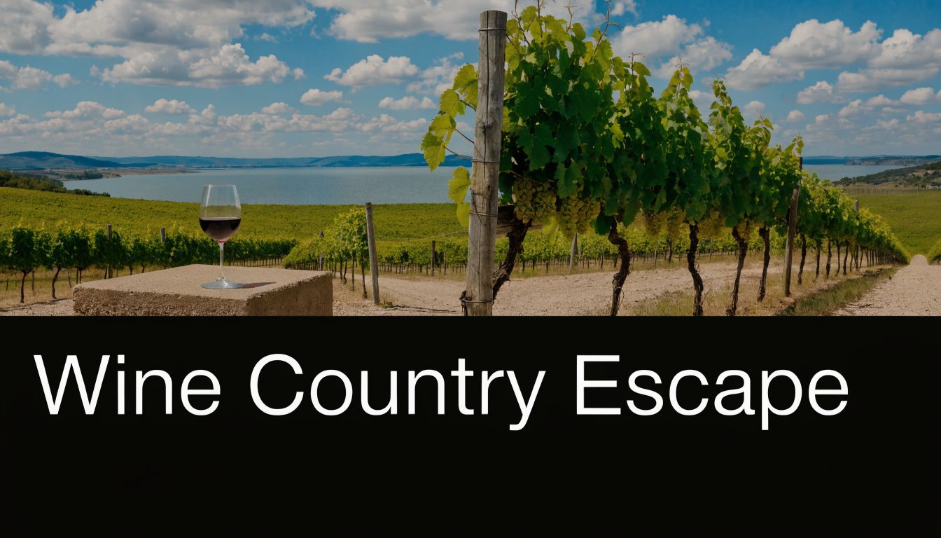 A glass of red wine sits on a stone block overlooking a scenic vineyard and lake.