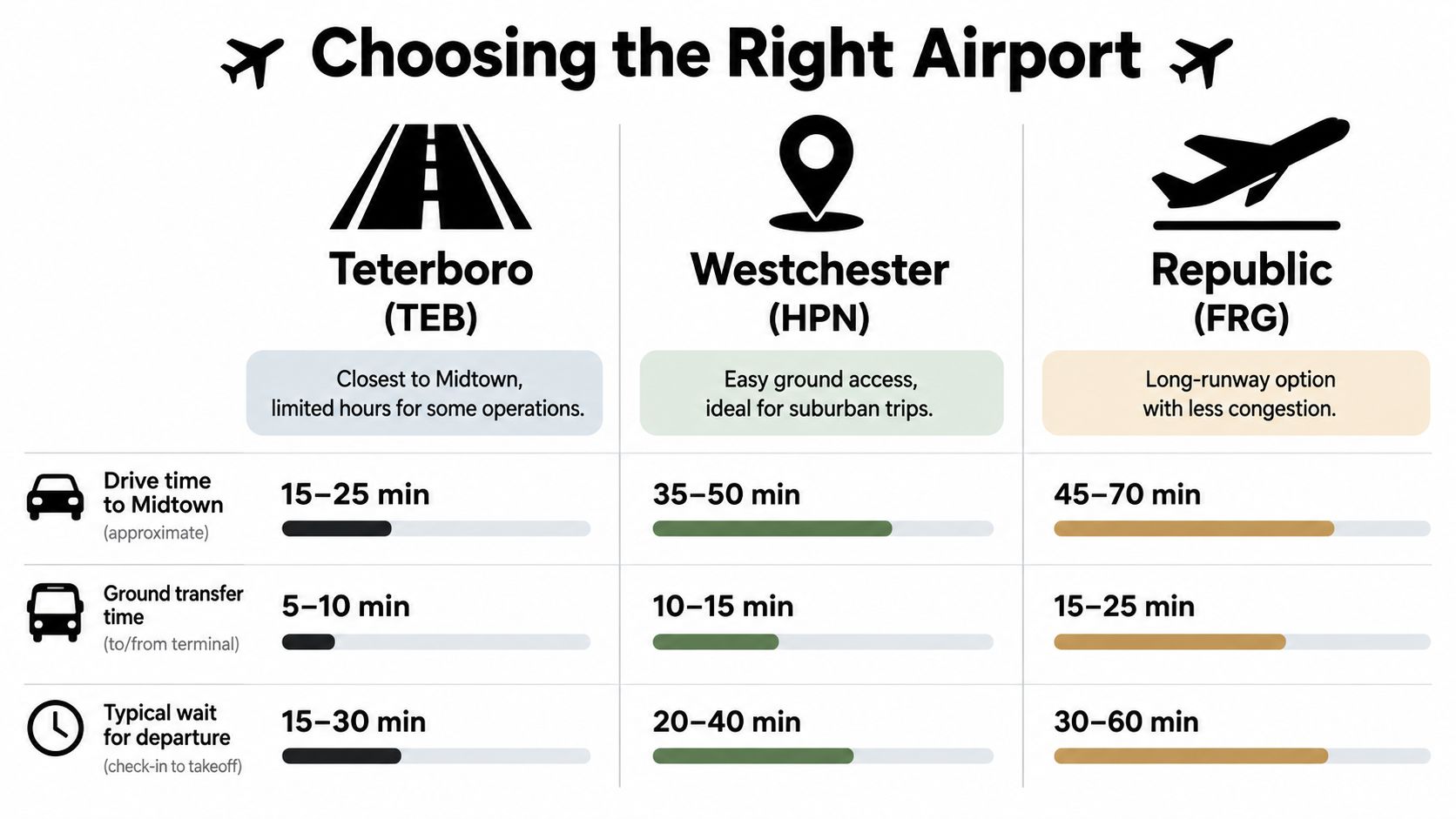 A comparison chart showing travel times, transfer times, and departure waits for Teterboro, Westchester, and Republic airports.