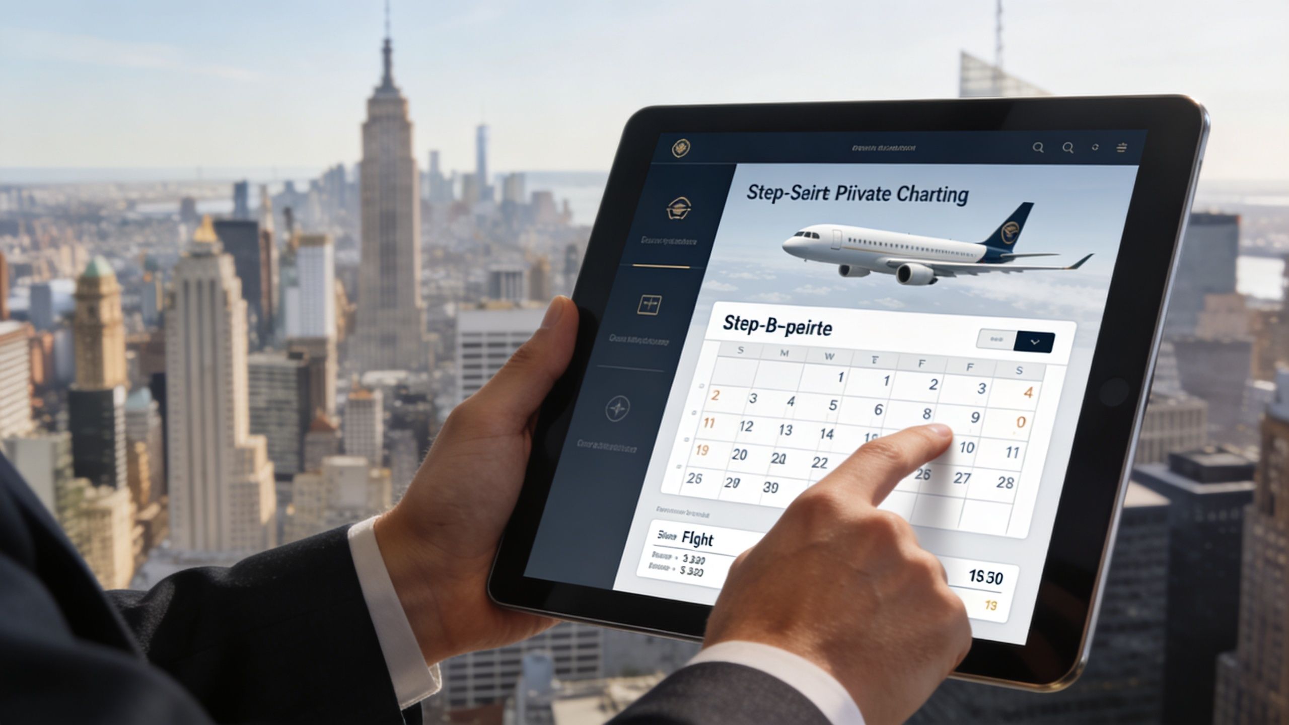 A person in a business suit using a tablet to book a private jet flight over New York City.
