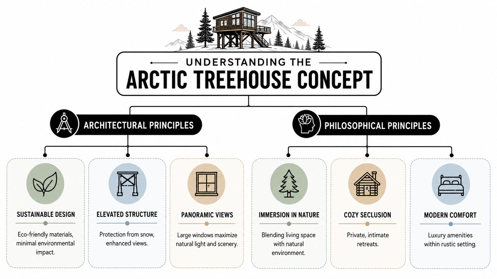 A diagram infographic explaining the architectural and philosophical principles of an Arctic treehouse hotel concept.