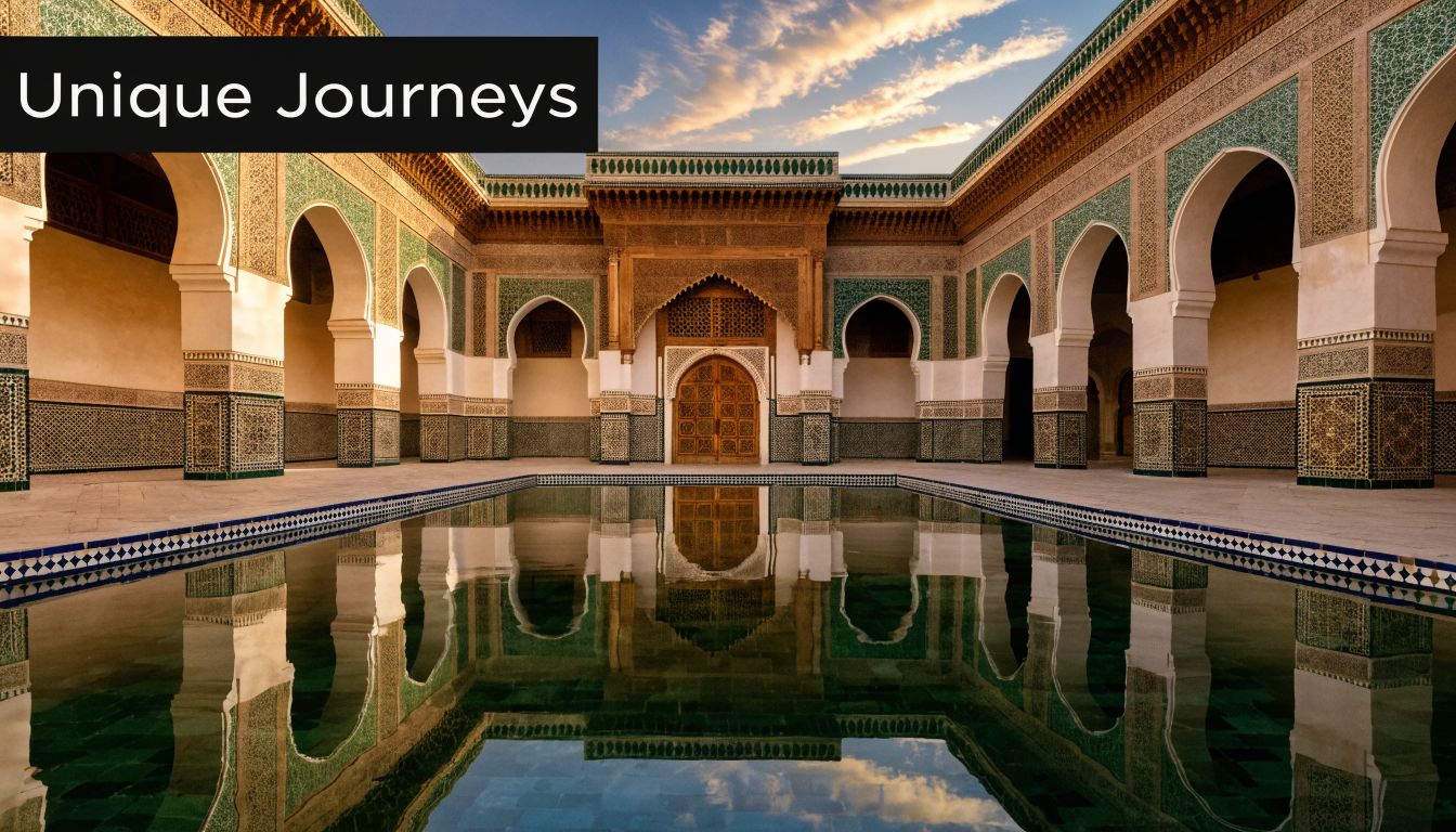An elegant courtyard with a reflecting pool at the historic Ben Youssef Madrasa in Marrakech, Morocco.