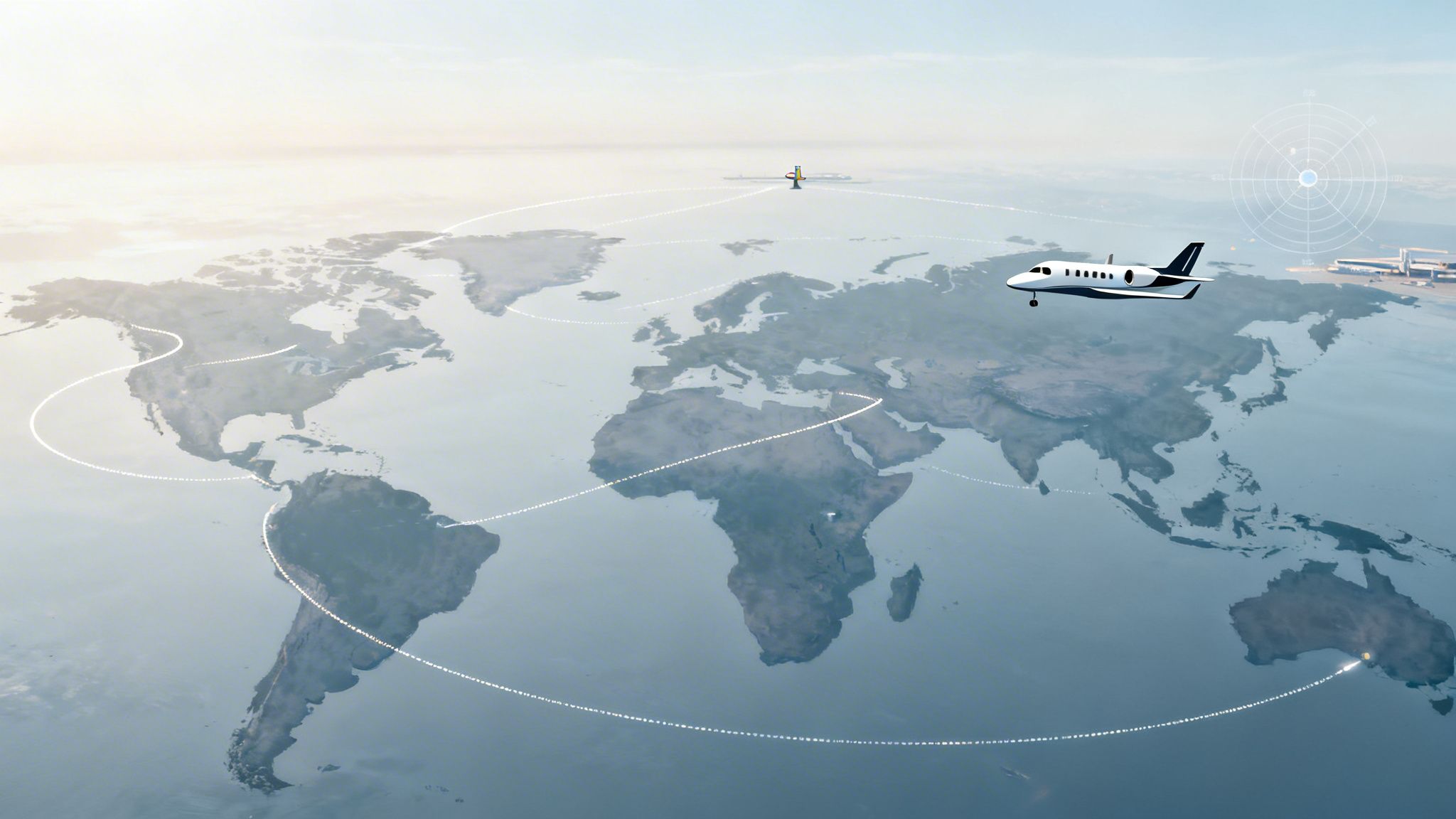 Aerial view of a world map with two airplanes flying along dotted global flight paths.