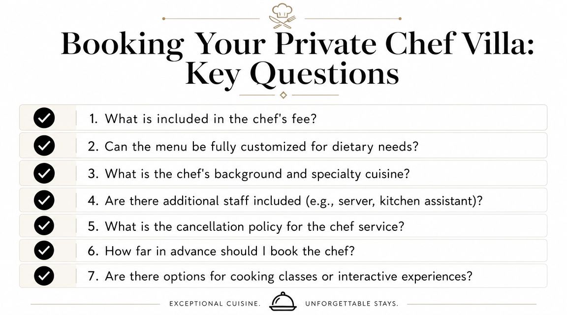 A checklist infographic titled Booking Your Private Chef Villa listing seven key questions for hiring a chef.