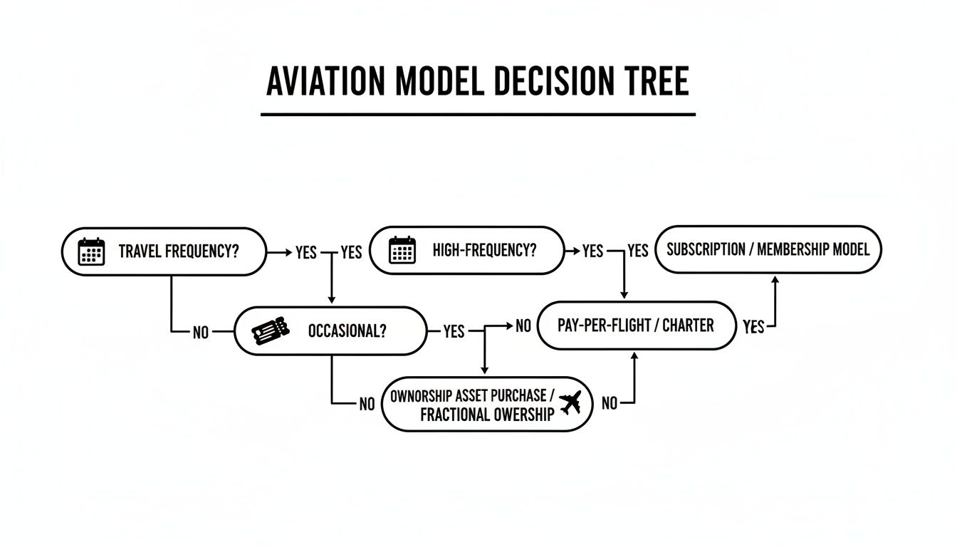 Aviation model decision tree outlining options based on travel frequency and type.