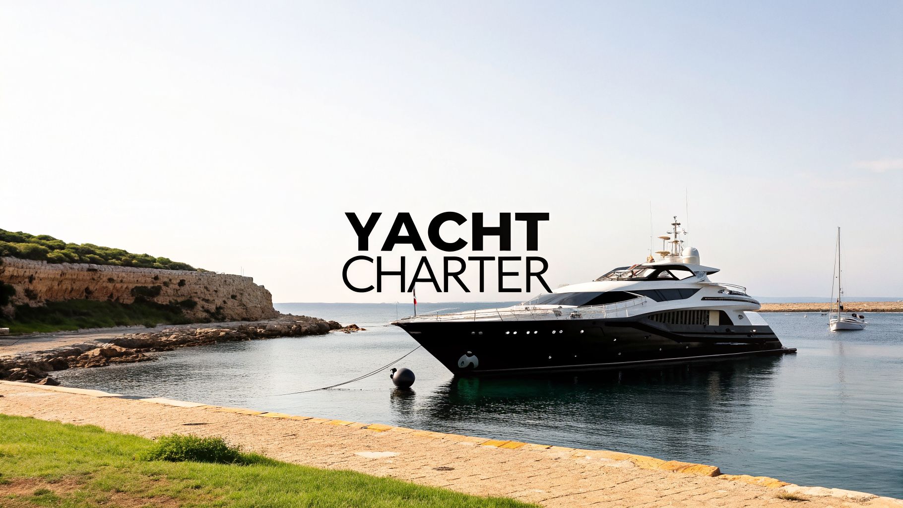 A luxurious black and white yacht docked in calm blue waters near a rocky, green coastline on a sunny day.