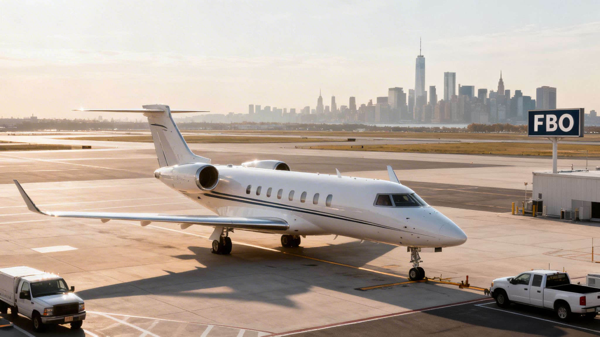 A white private jet is parked on an airport tarmac with the New York City skyline visible in the hazy distance.