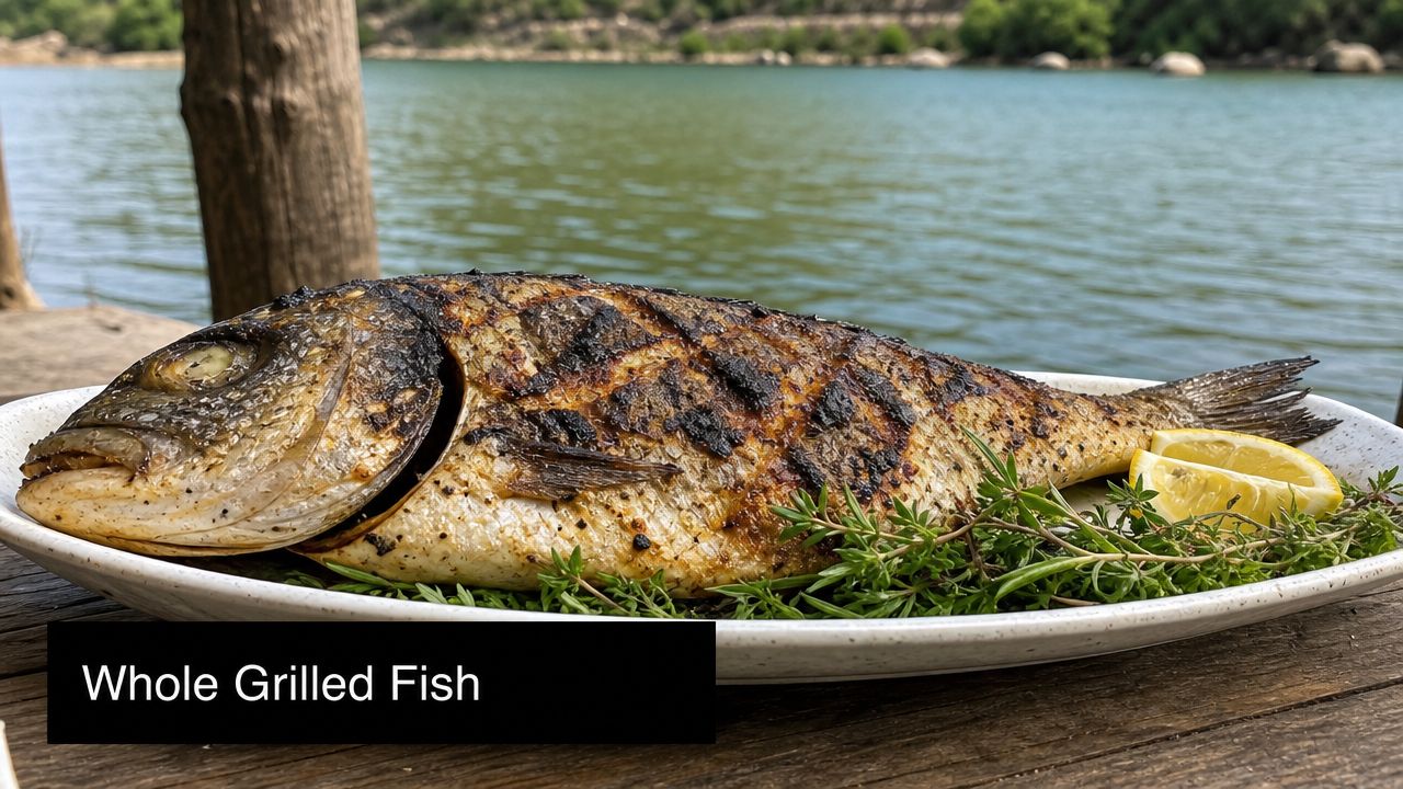 A perfectly cooked whole grilled fish served on a platter with fresh herbs and lemon wedges.