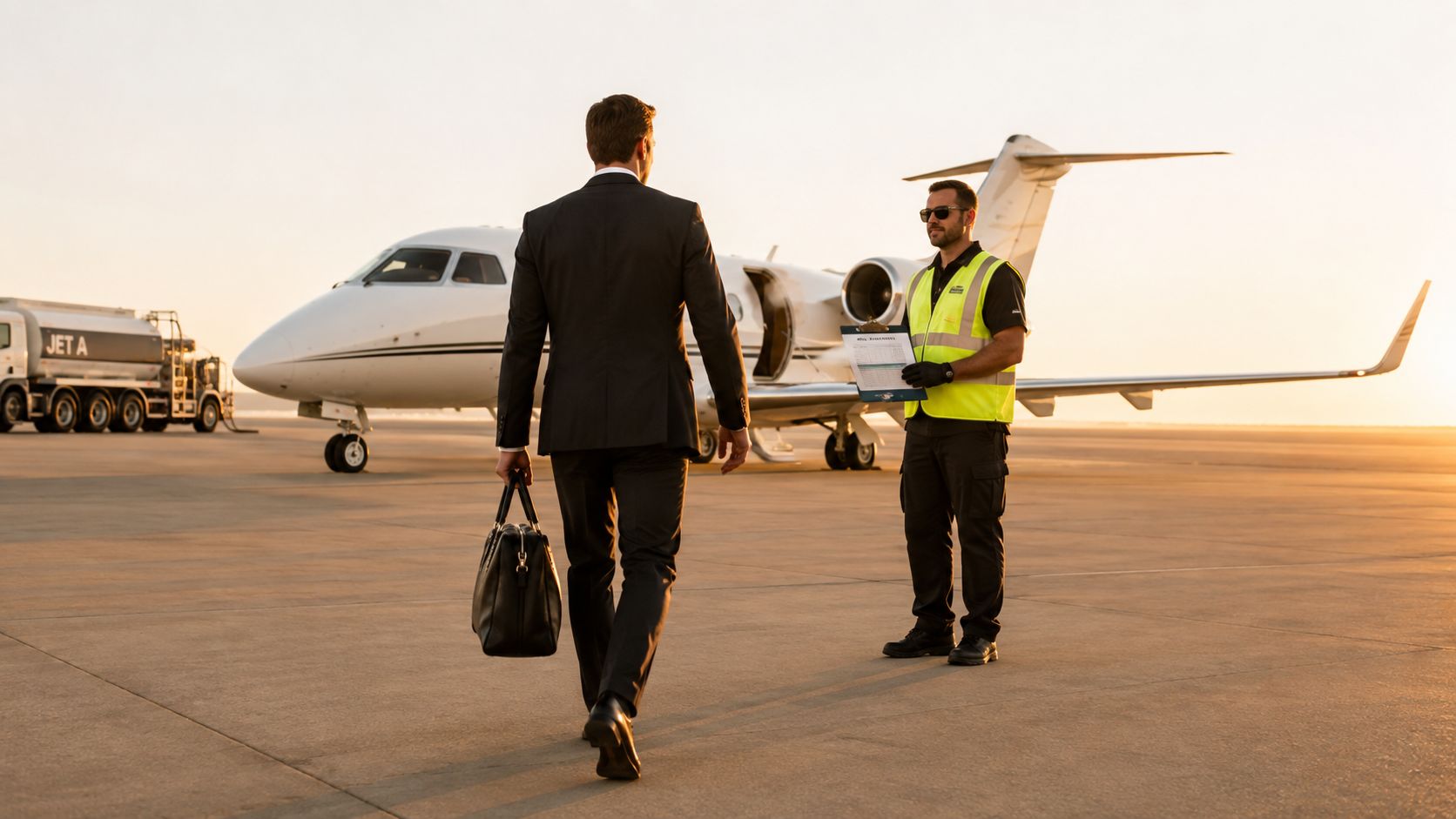 A businessman in a suit walking toward a private jet while a ground handler checks documents.