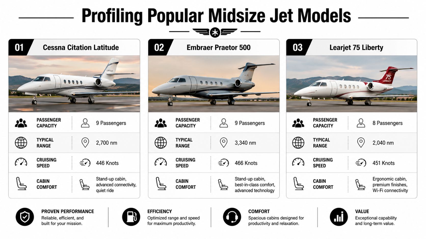 A comparison infographic featuring specifications for three popular midsize private jets: Cessna Citation Latitude, Embraer Praetor 500, and Learjet 75 Liberty.