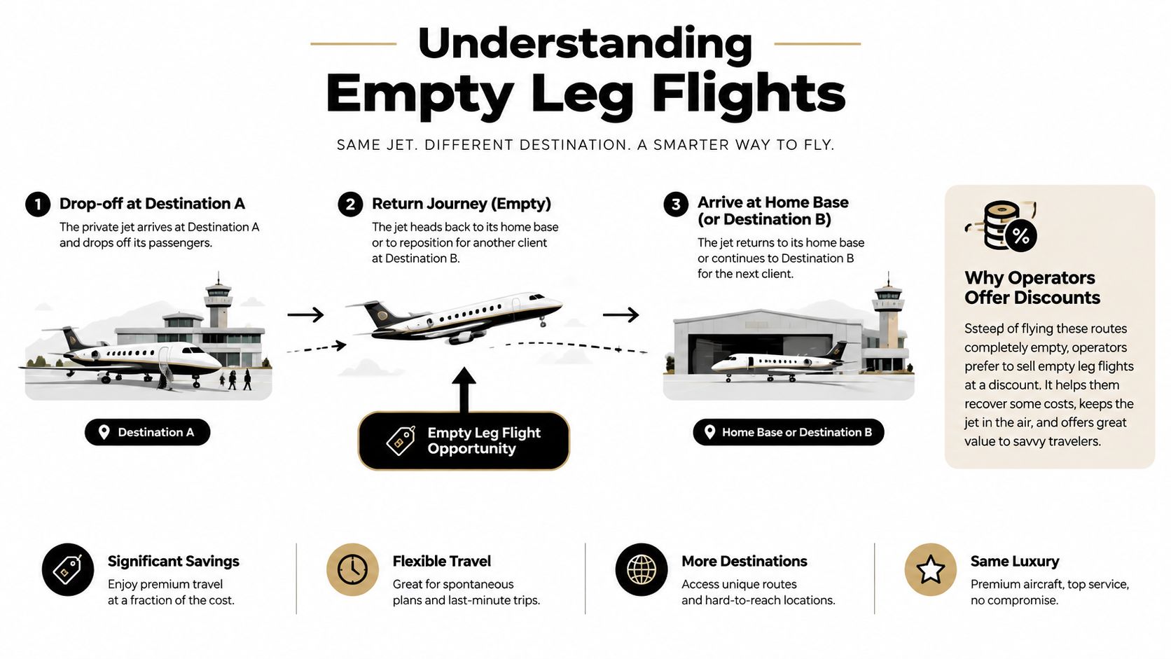 An infographic explaining how private jet empty leg flights work, including benefits and the operator's discount reasoning.
