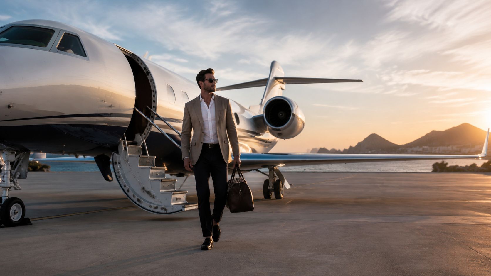 A sophisticated man in a suit walking away from a private jet at a scenic airport.