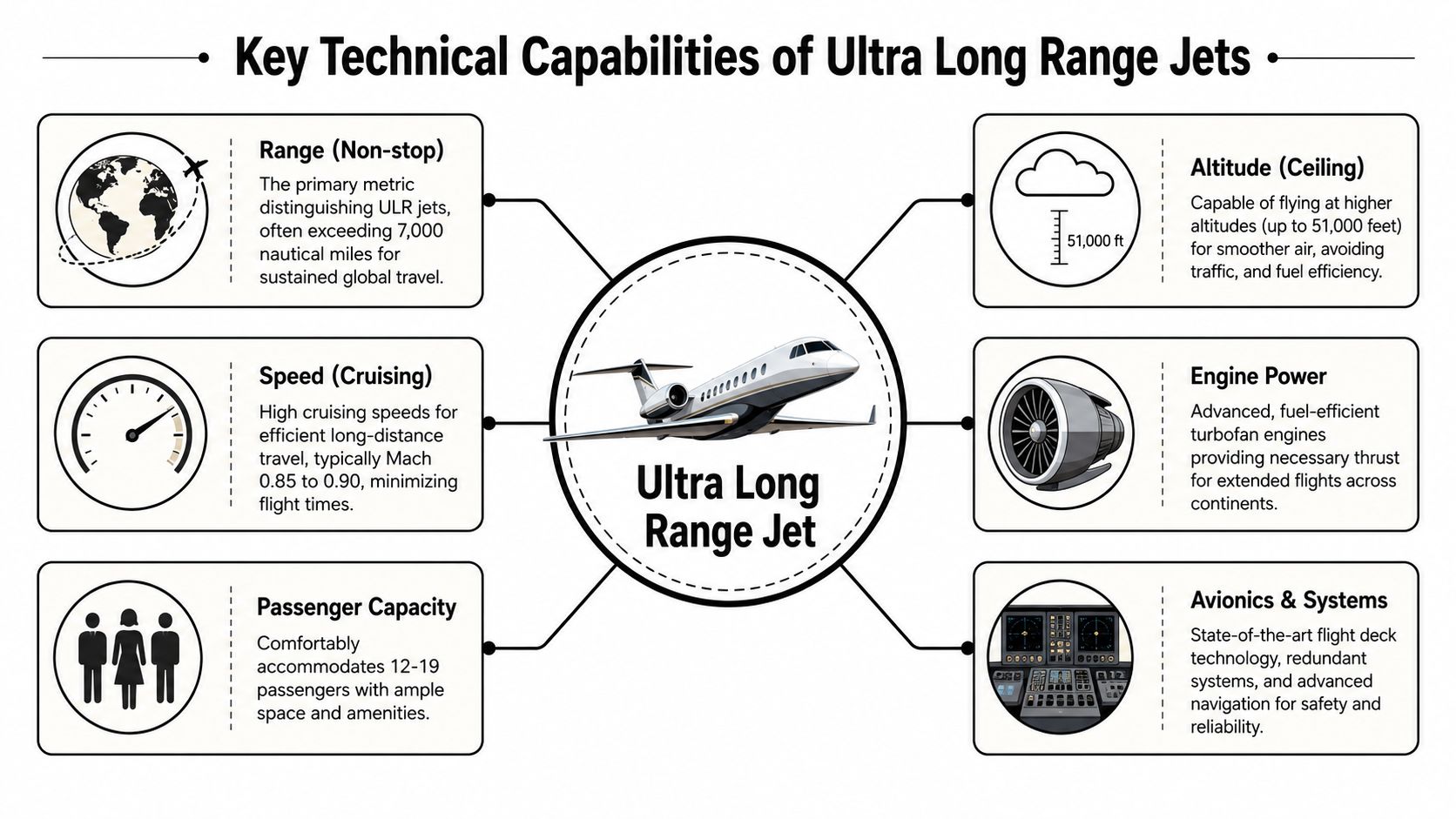 A diagram infographic illustrating the key technical capabilities and features of modern ultra long range jets.