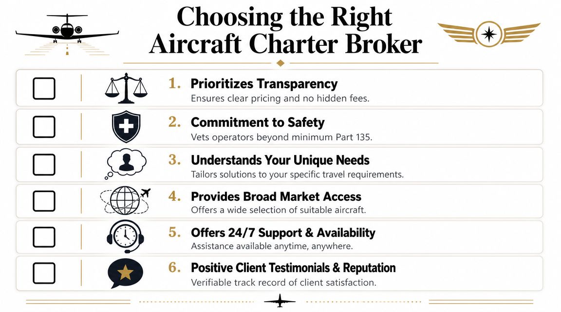 A checklist for choosing an aircraft charter broker with six key factors for selecting the right service.