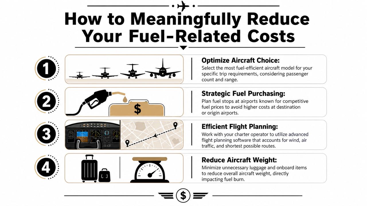An infographic detailing four strategic steps to effectively reduce fuel-related costs for private aircraft operations.
