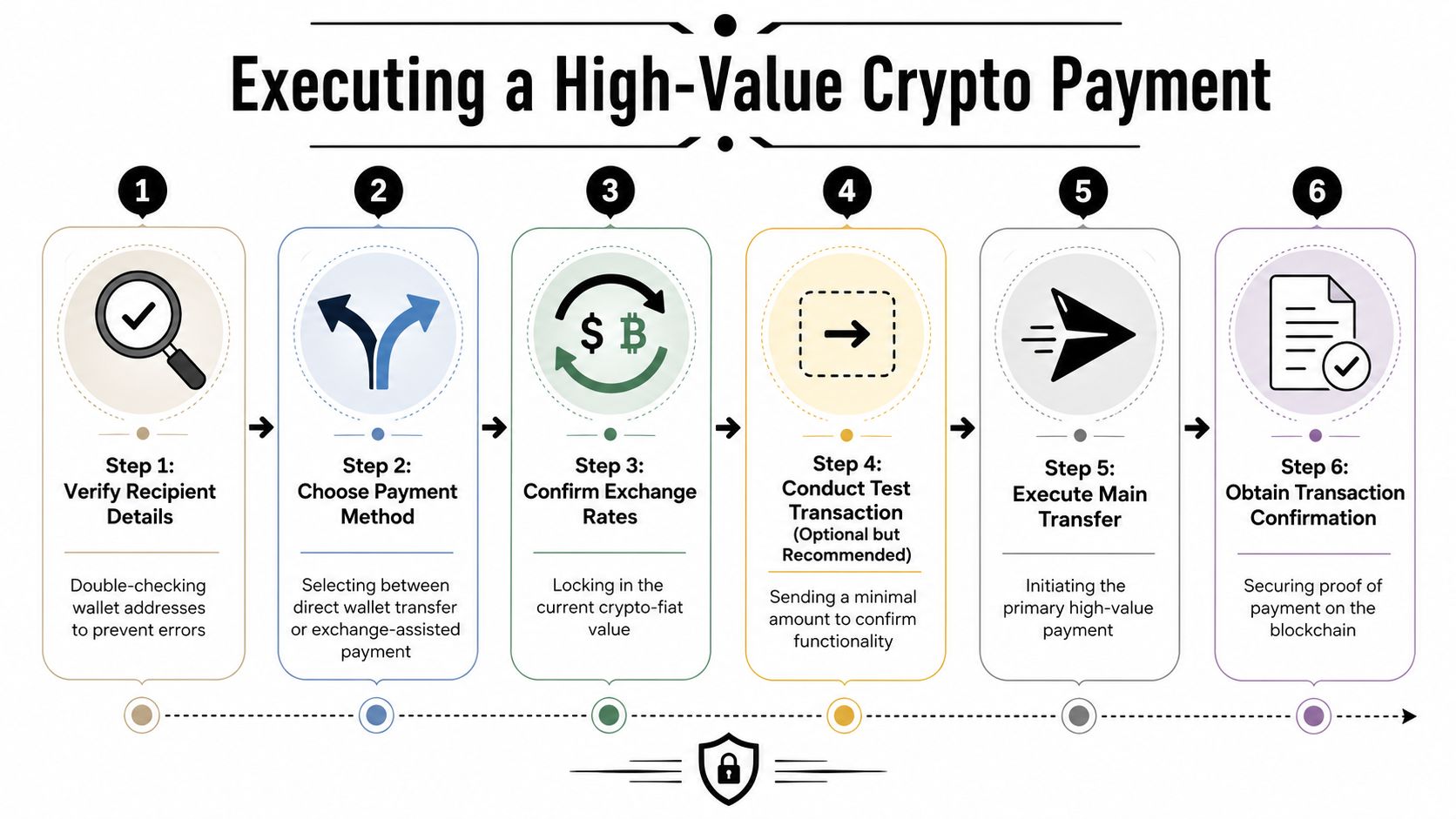 A six-step infographic illustrating the professional process for executing a secure high-value cryptocurrency payment.