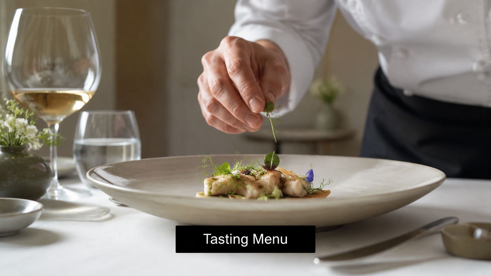 A professional chef carefully garnishes an elegant seafood dish on a white plate in a restaurant setting.