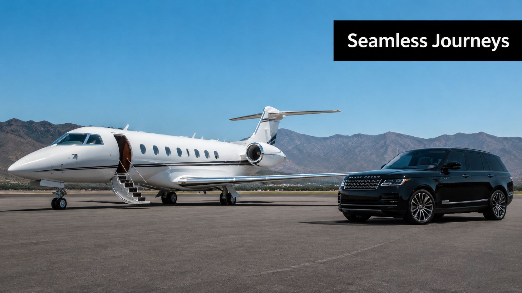 A luxurious white private jet and a sleek black Range Rover parked on an airport runway.