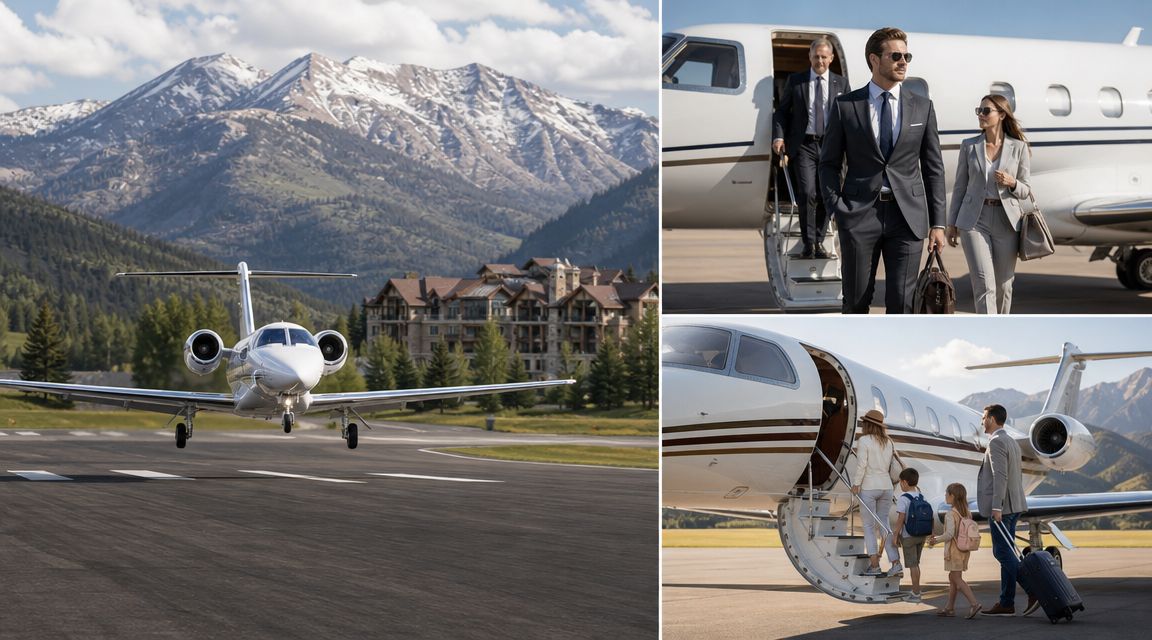 A composite image showing a private jet landing, professionals exiting a plane, and a family boarding a jet.