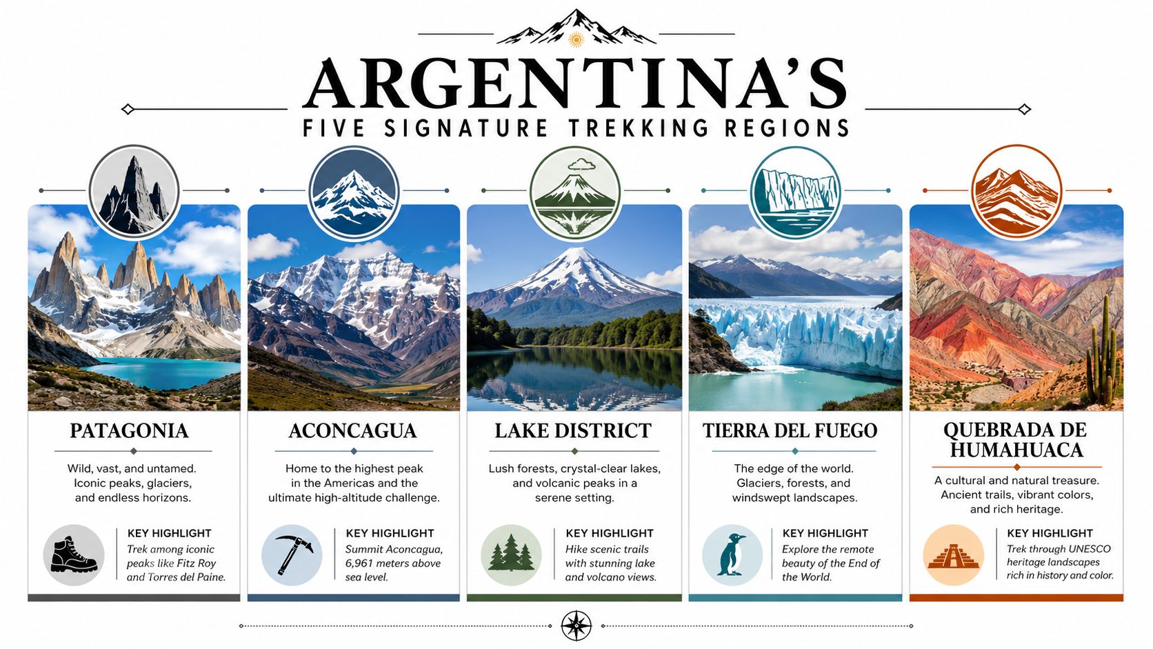A travel infographic showcasing Argentina's five signature trekking regions: Patagonia, Aconcagua, Lake District, Tierra del Fuego, and Quebrada de Humahuaca.