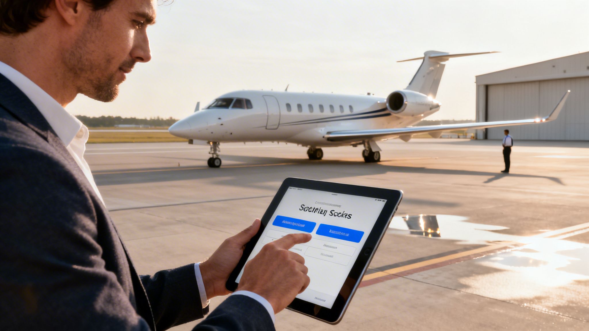 Businessman using a tablet to book a private jet on an airfield at sunset.