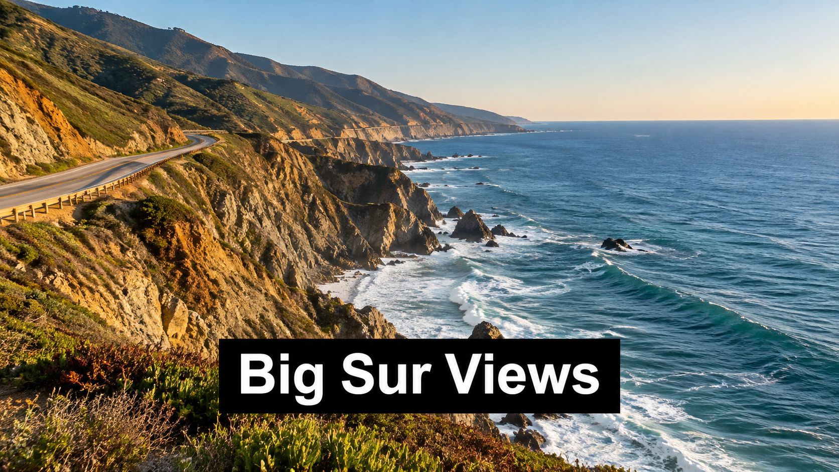 A scenic coastal highway winding along the rocky Big Sur cliffs overlooking the deep blue Pacific Ocean.