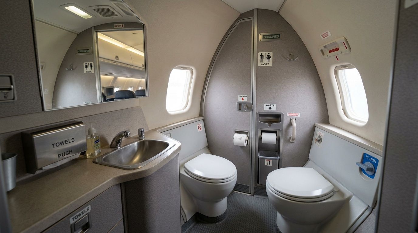 A compact airplane lavatory interior on a CRJ 200 featuring a sink, vanity, and two toilet bowls.