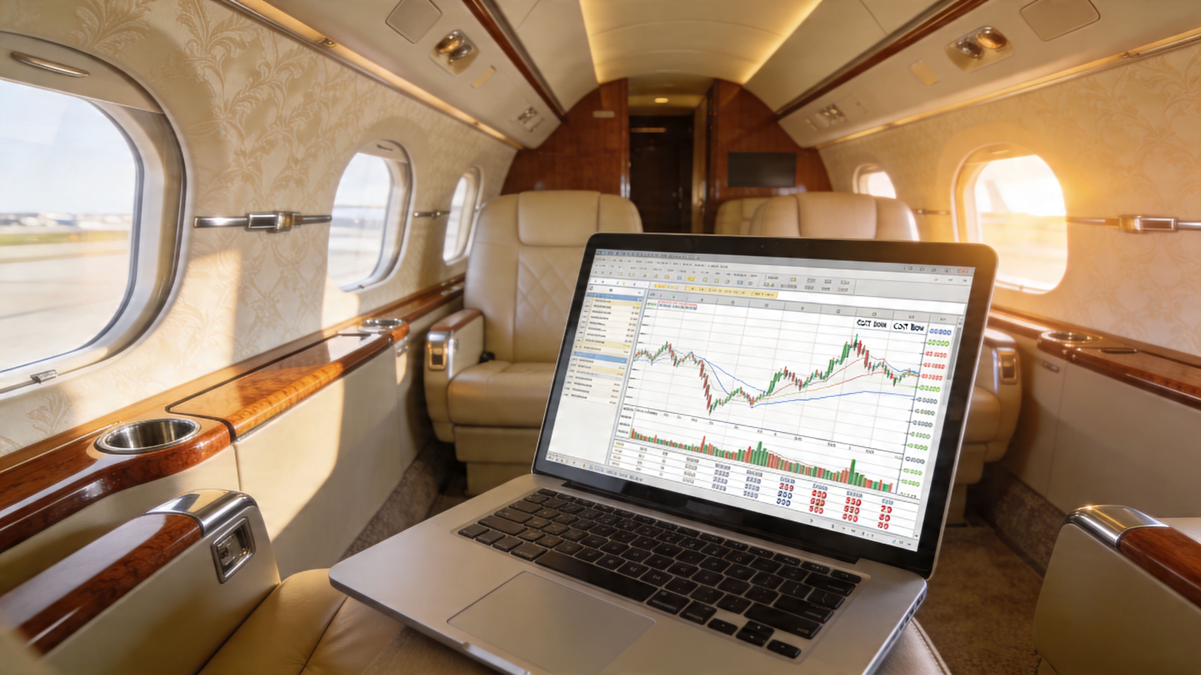 A laptop displaying stock market charts on a table inside a luxurious private jet cabin.