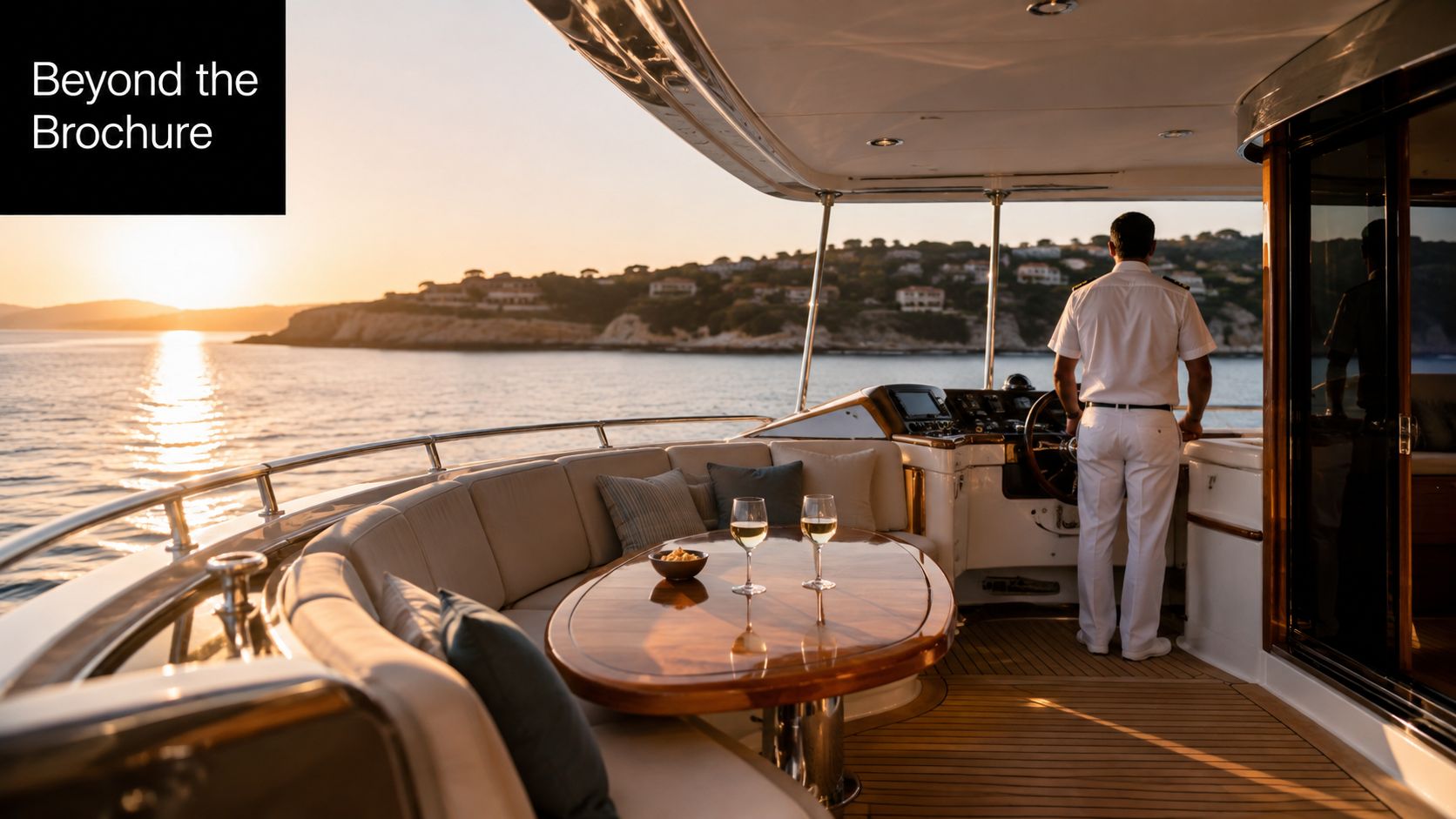 A captain in a white uniform steers a luxury yacht during a scenic golden sunset at sea.