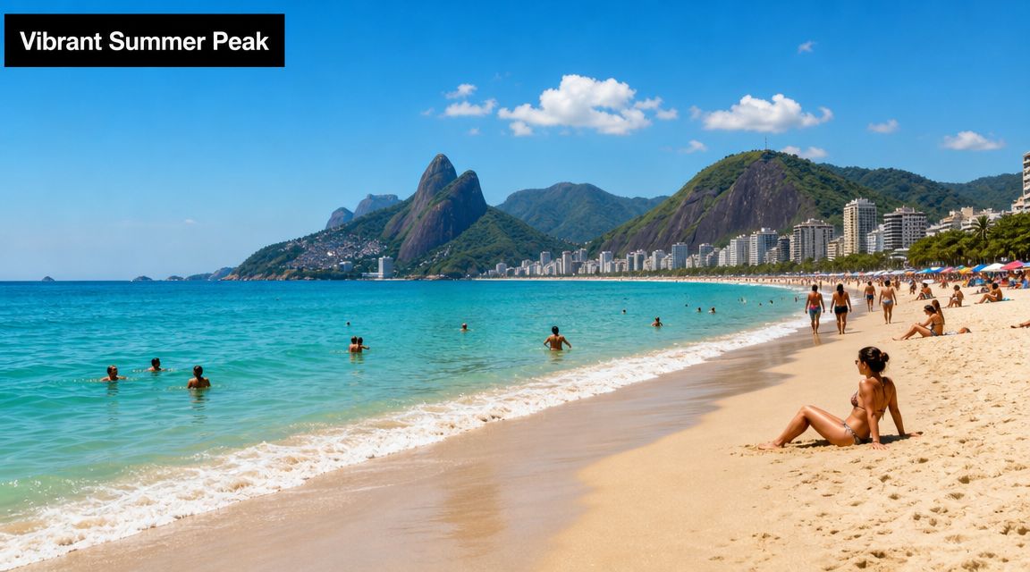 Sunbathers and swimmers enjoying a vibrant sunny day at Ipanema Beach in Rio de Janeiro, Brazil.