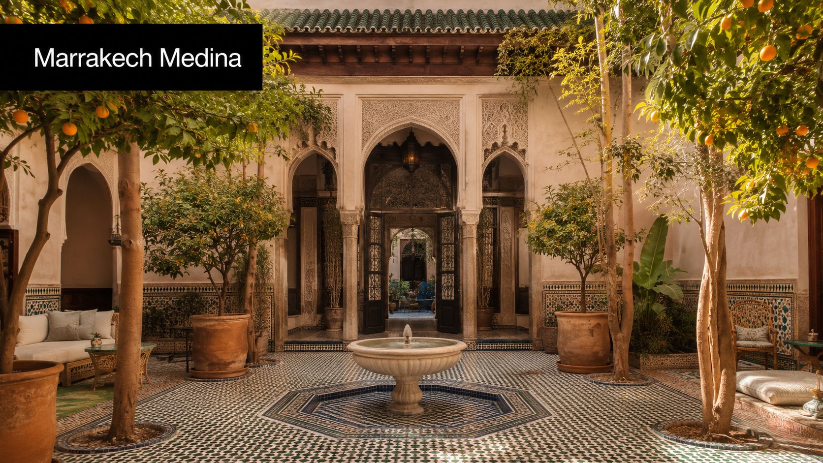 A serene central courtyard in a Marrakech Riad featuring intricate tilework, a marble fountain, and orange trees.