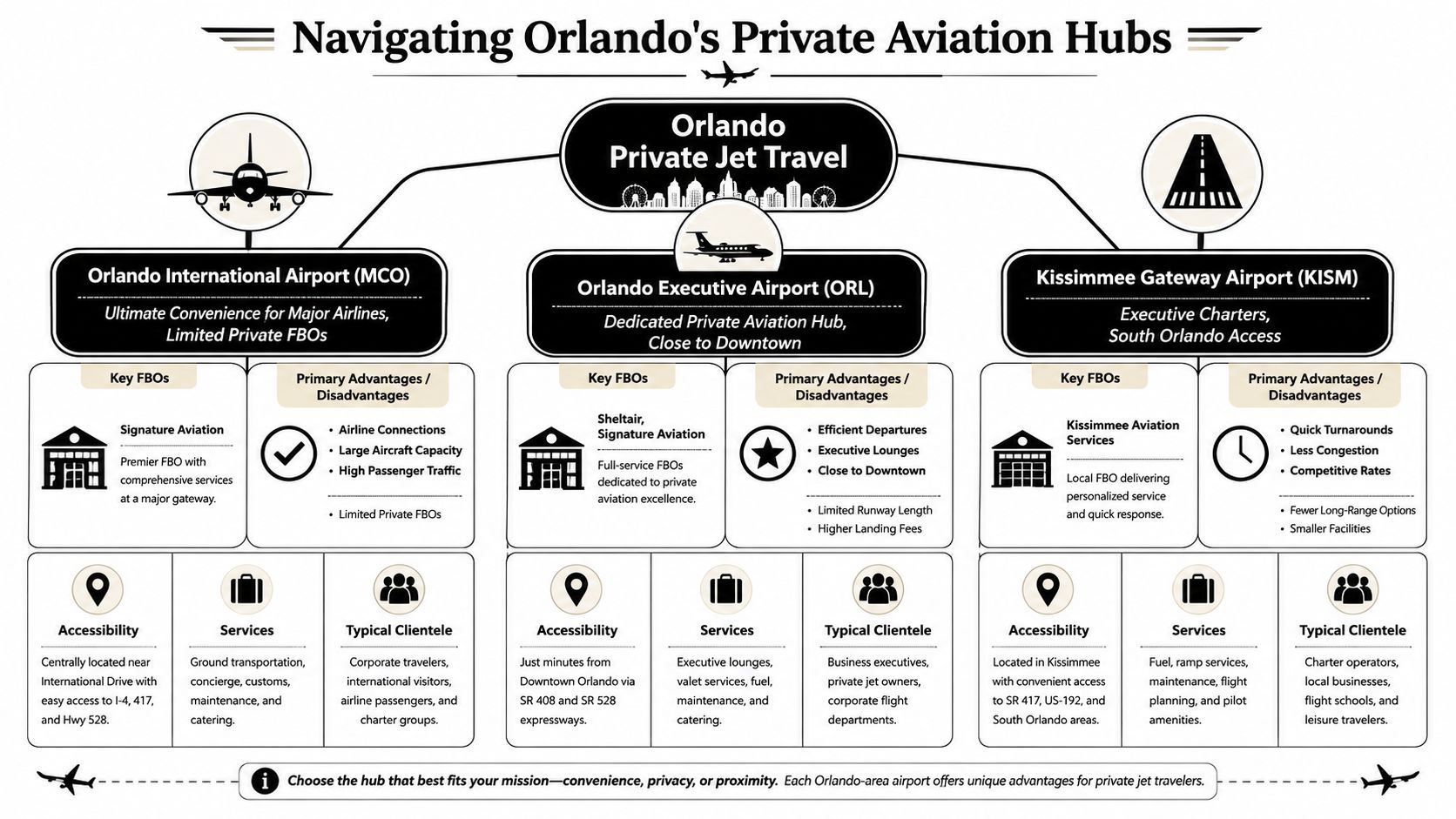 An infographic comparing private jet airports in Orlando including MCO, ORL, and KISM for business travelers.