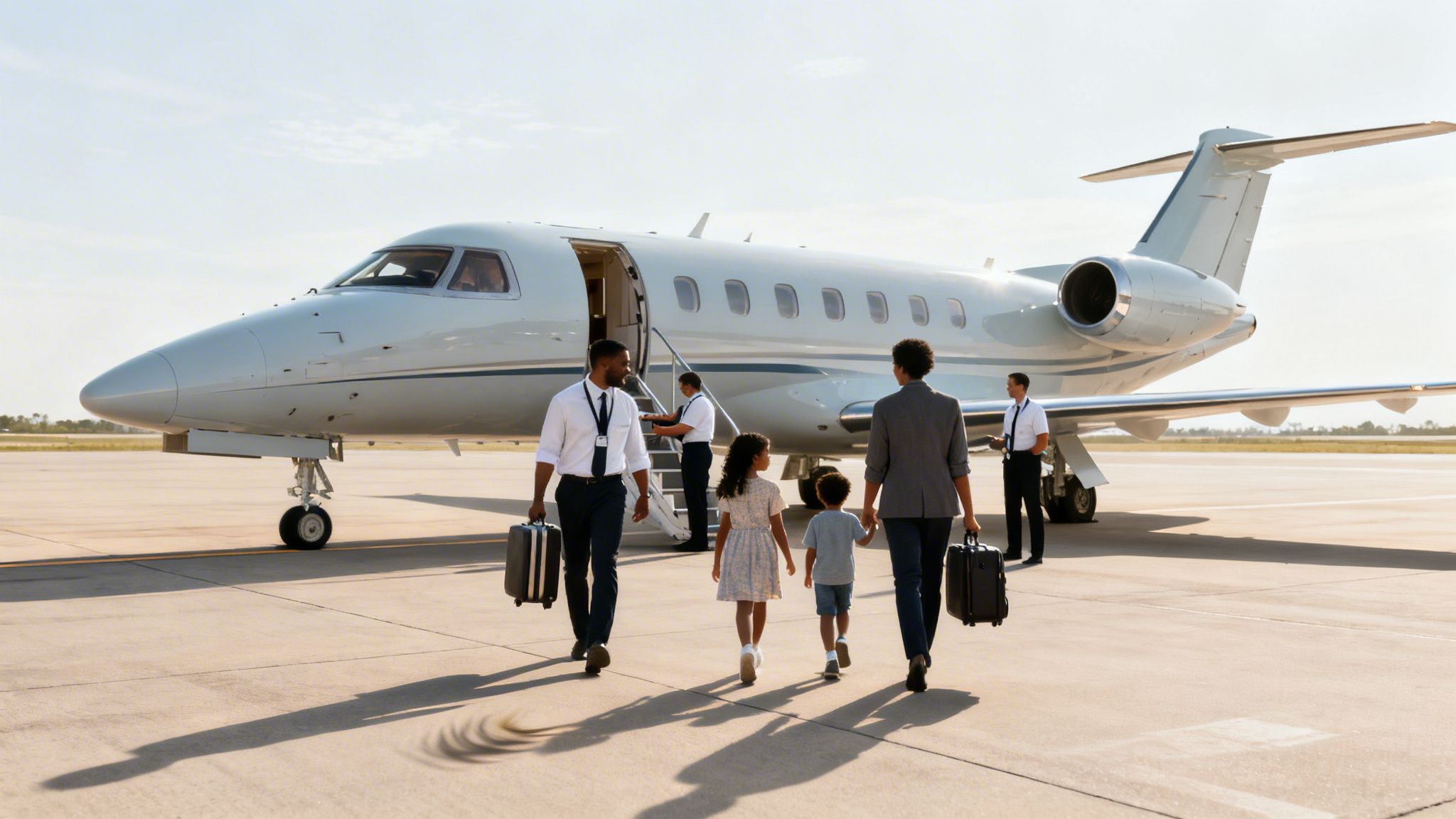 A family with children carrying luggage walking towards a private jet on a sunny tarmac.
