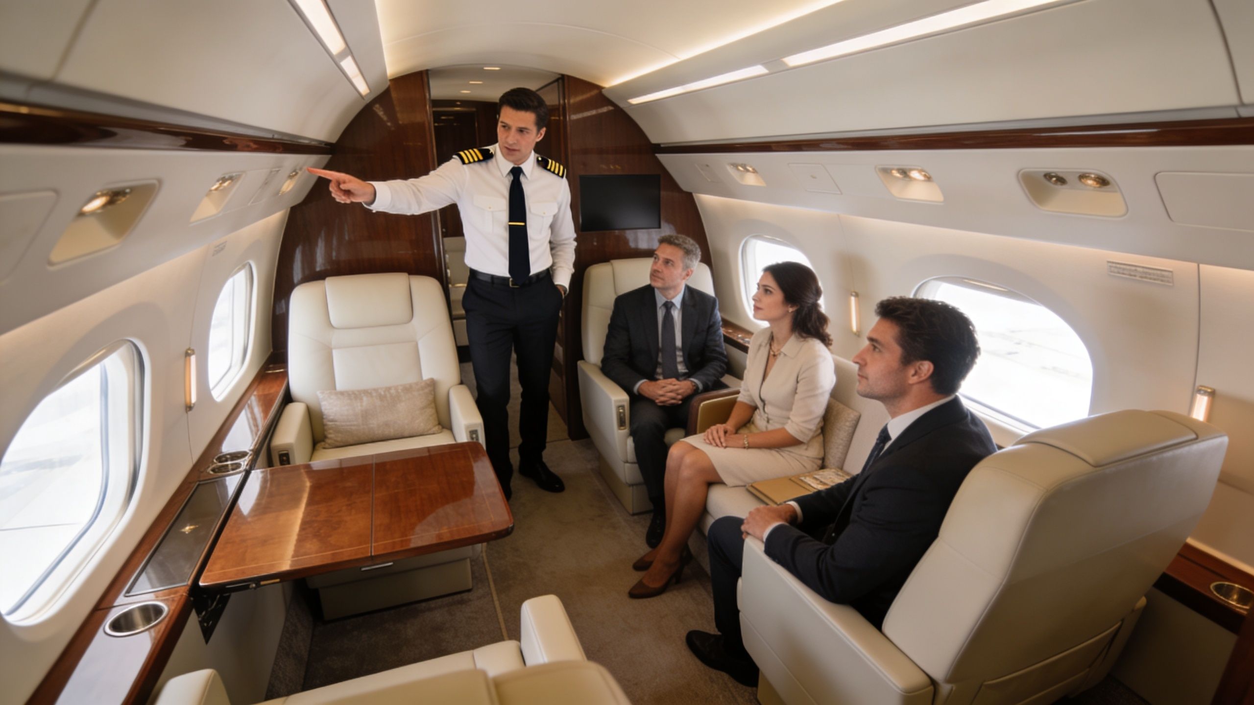 A professional pilot points to cabin controls for passengers seated in a luxury private aircraft interior.
