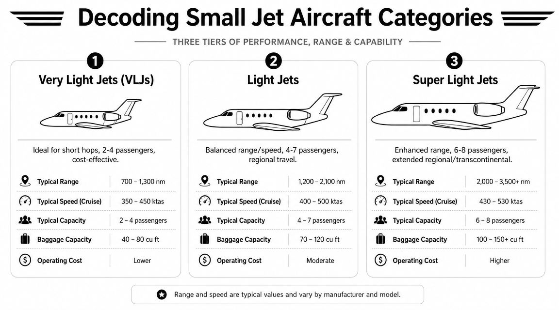 An infographic comparing the specifications of very light, light, and super light private jet aircraft categories.