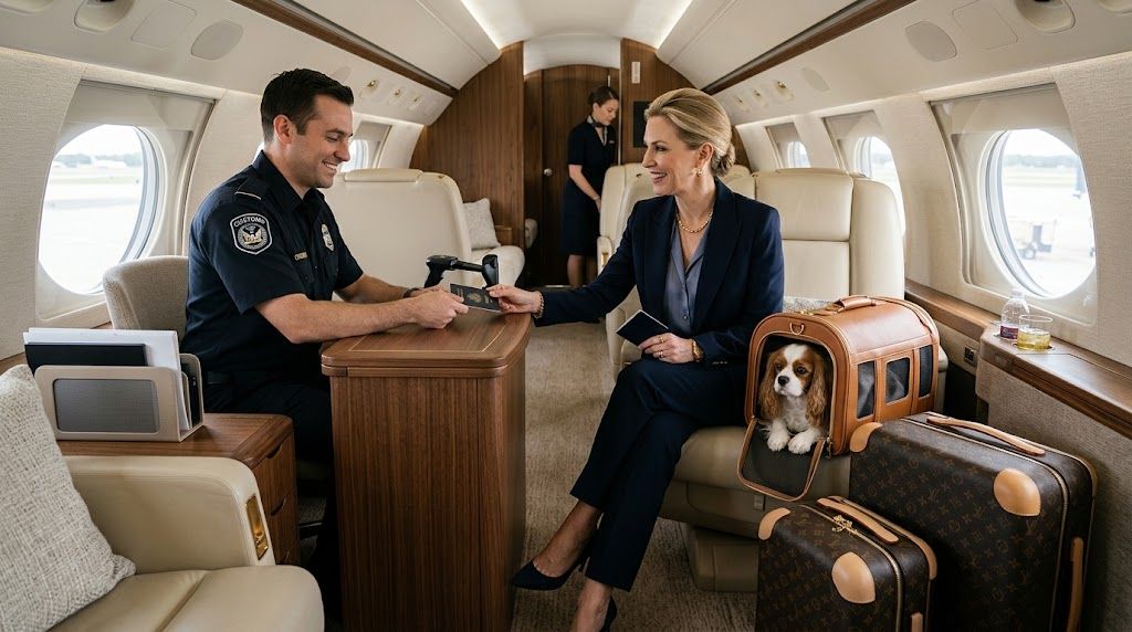 A customs officer checks passports for a woman and her dog aboard a private jet cabin.