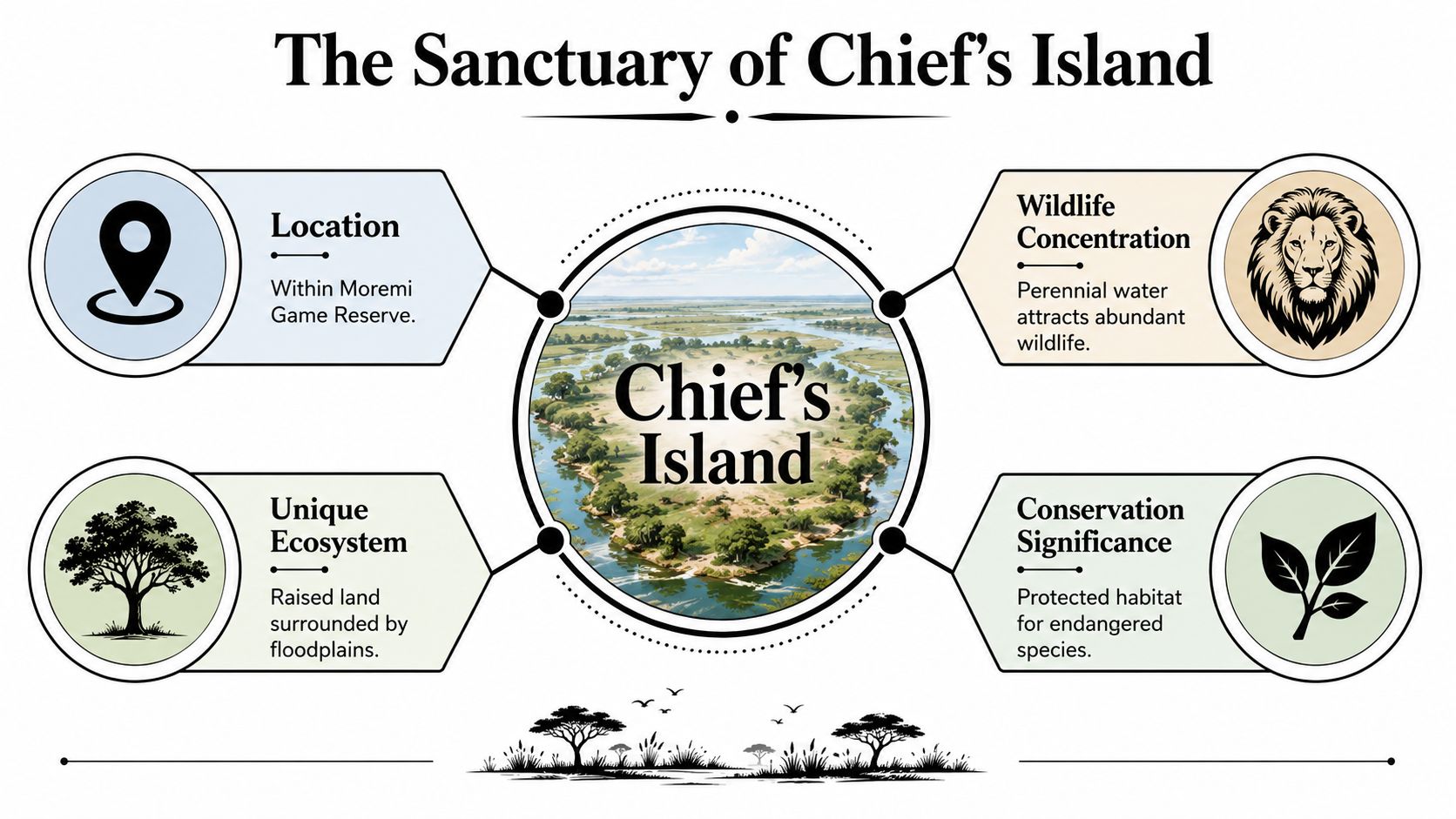 An infographic titled The Sanctuary of Chief's Island detailing its location, ecosystem, wildlife, and conservation significance.