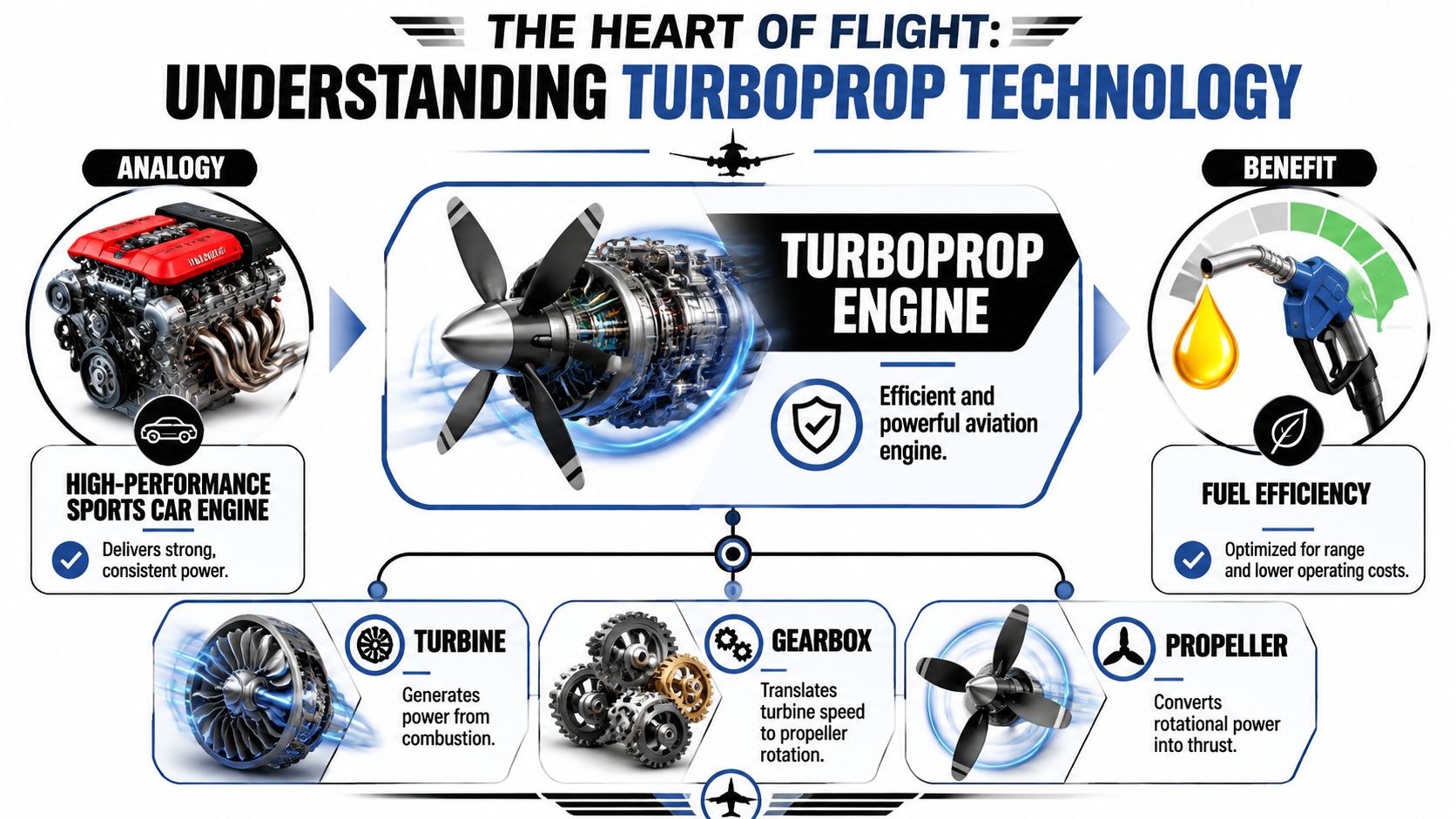 An infographic explaining how turboprop engines function, including their internal components and fuel efficiency benefits.