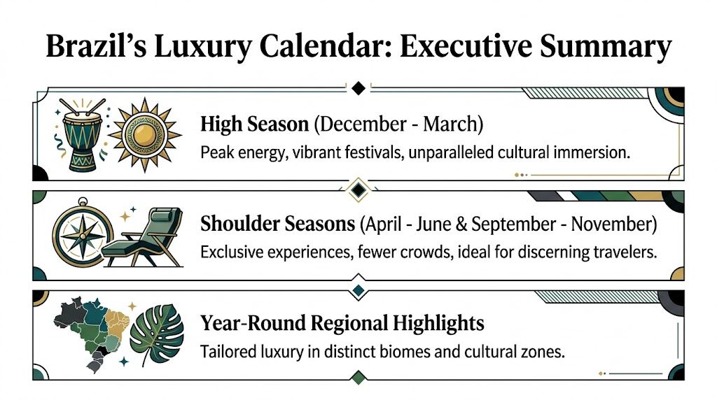An executive summary infographic illustrating the best seasons for luxury travel in Brazil with seasonal descriptions.