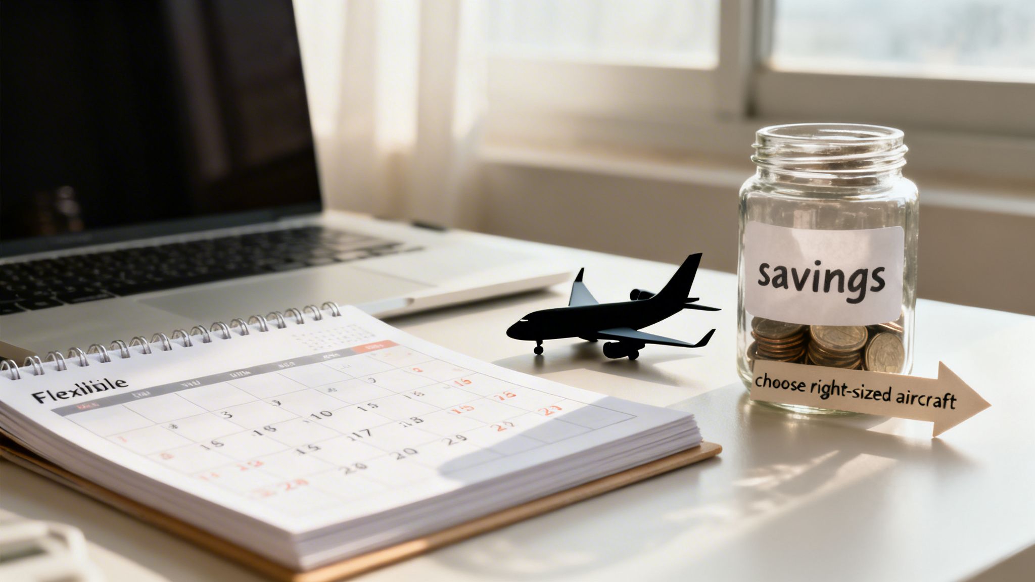 A desk with a savings jar of coins, a calendar, and a model airplane, signifying travel savings.