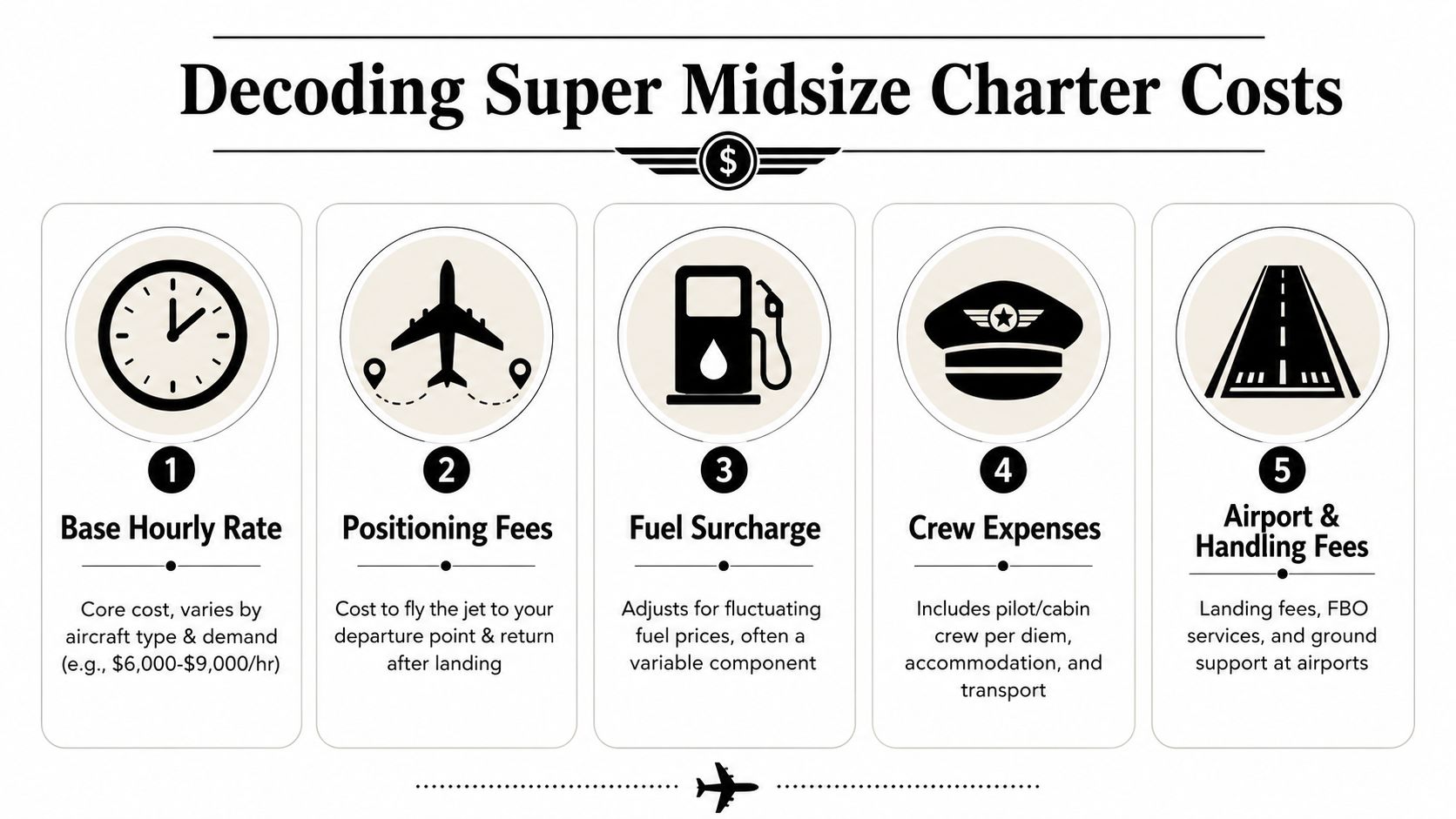 An infographic titled Decoding Super Midsize Charter Costs showing five essential elements of private jet pricing.