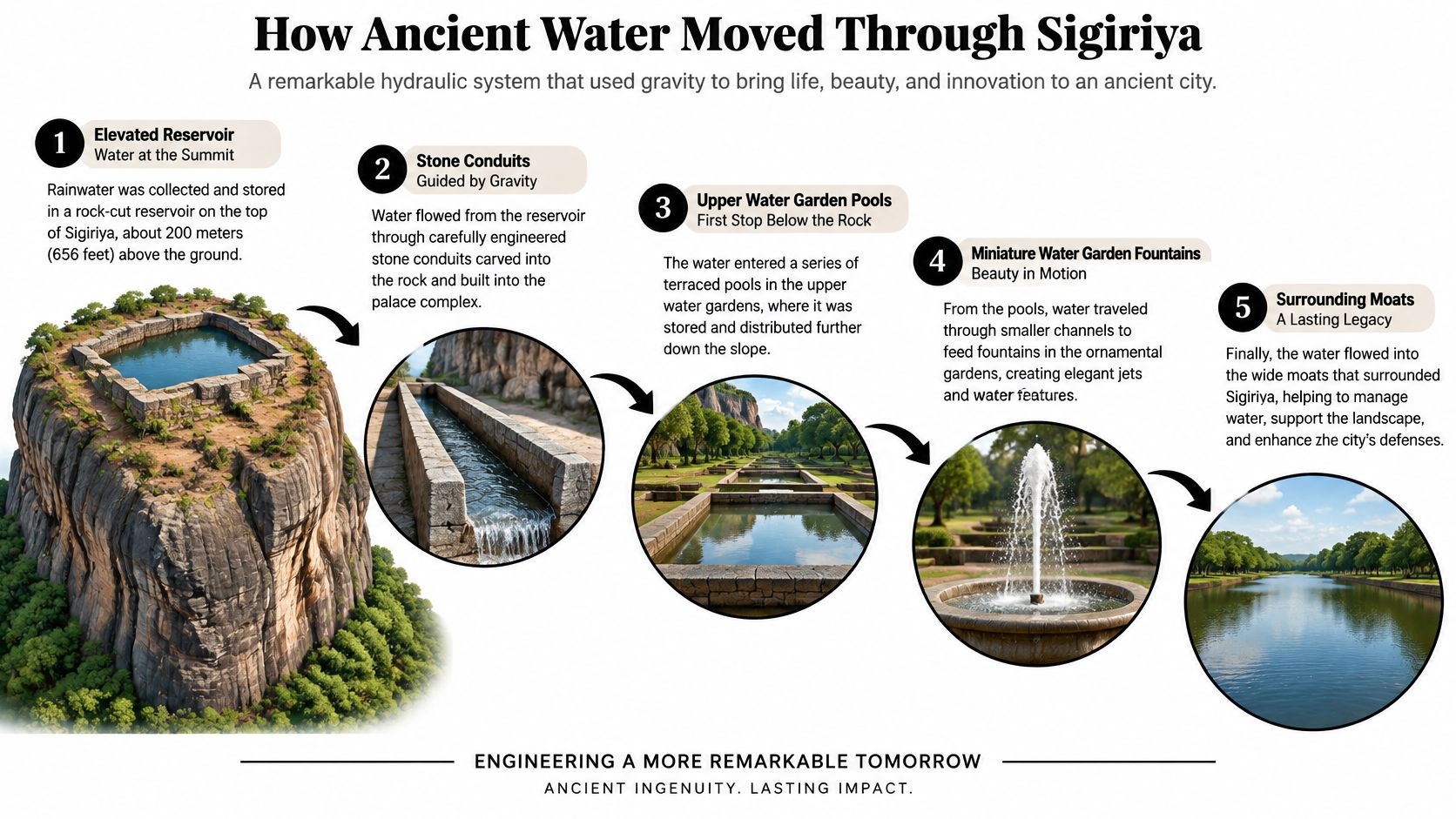 An infographic detailing the ancient hydraulic system used to distribute water throughout the Sigiriya rock fortress.