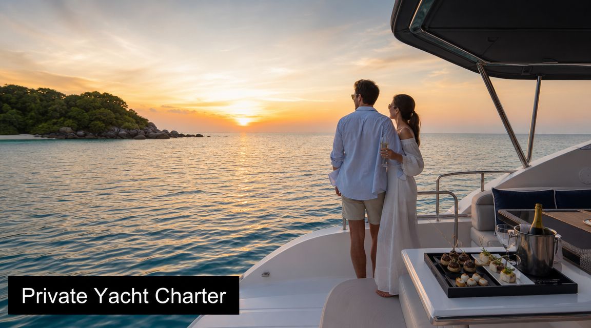 A couple enjoying a luxurious sunset private yacht charter while overlooking the ocean and island scenery.