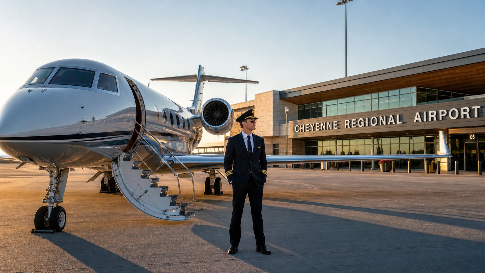 A professional pilot stands in front of a private jet at the Cheyenne Regional Airport terminal.