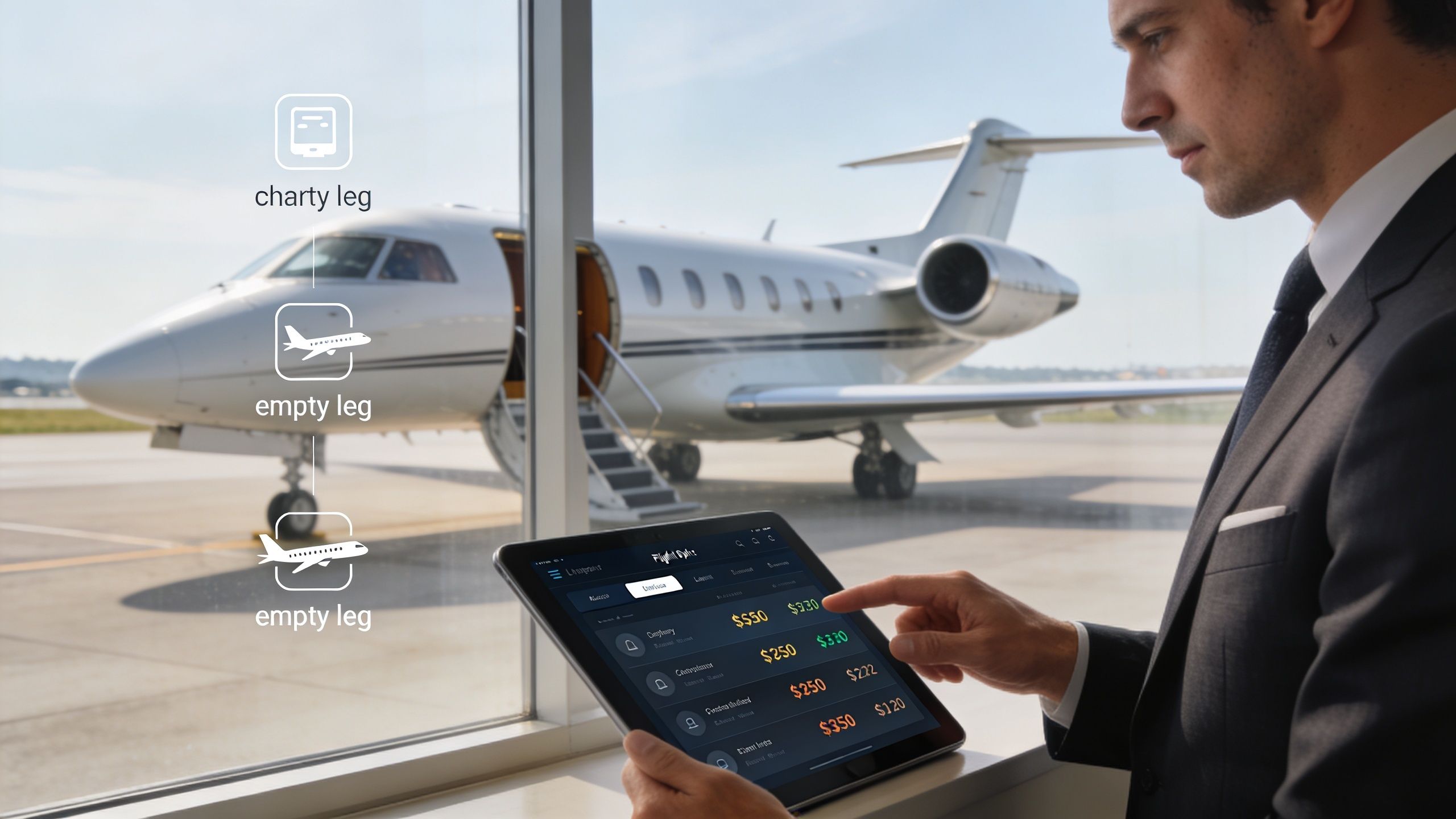 A businessman in a suit using a tablet to view flight prices with a private jet outside.