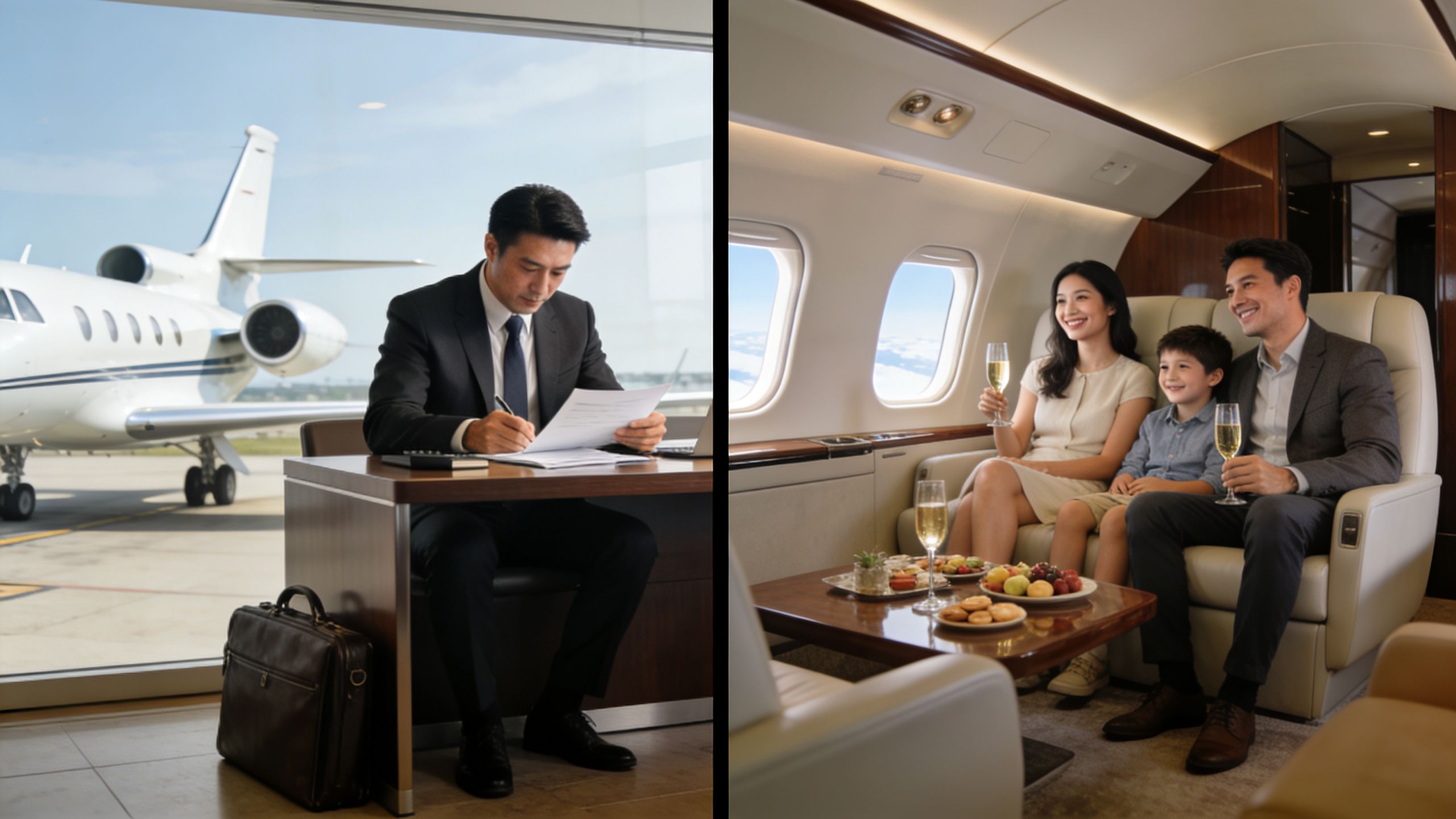 A split image showing a businessman working in an airport lounge and a family relaxing on a jet.