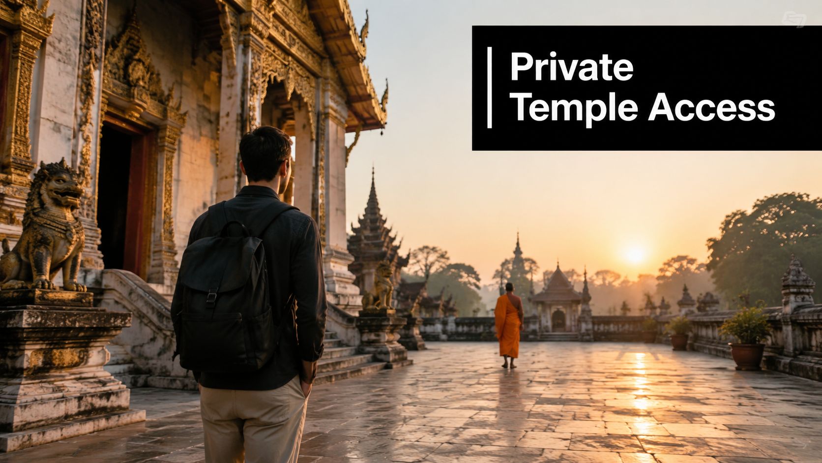 A traveler with a backpack looks at a Buddhist monk walking through a golden Thai temple courtyard.