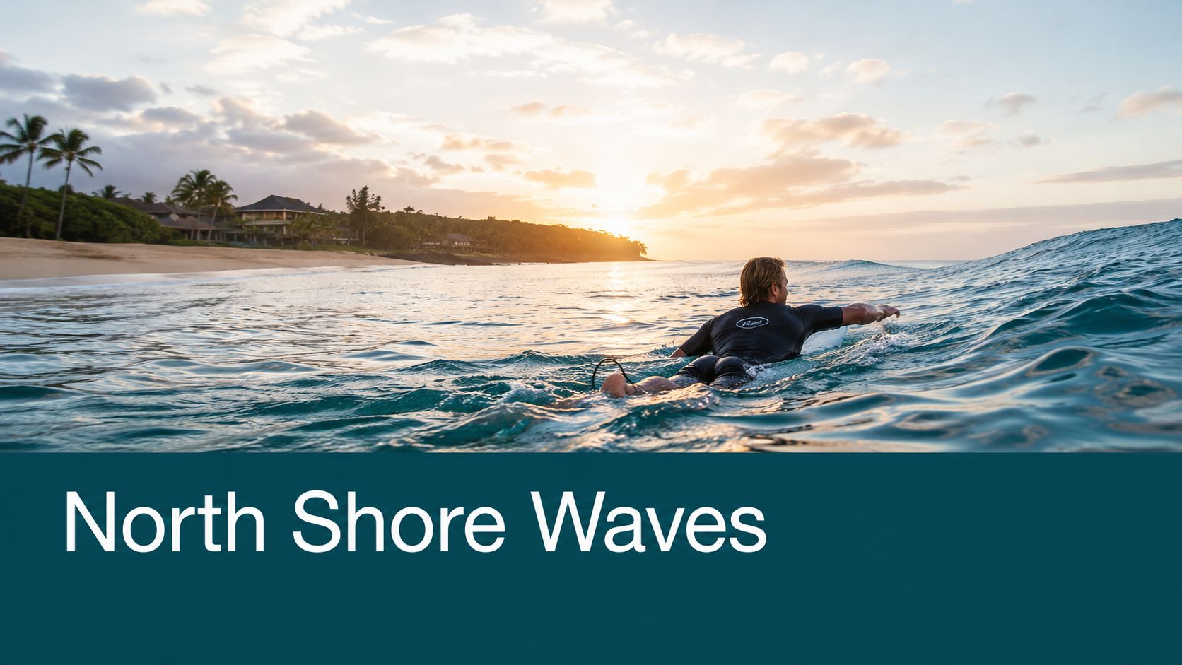 A surfer paddling out on a surfboard into the ocean waves during a beautiful golden sunset.