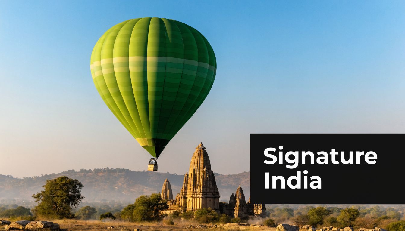 A vibrant green hot air balloon floats over ancient stone temples in a landscape of India.